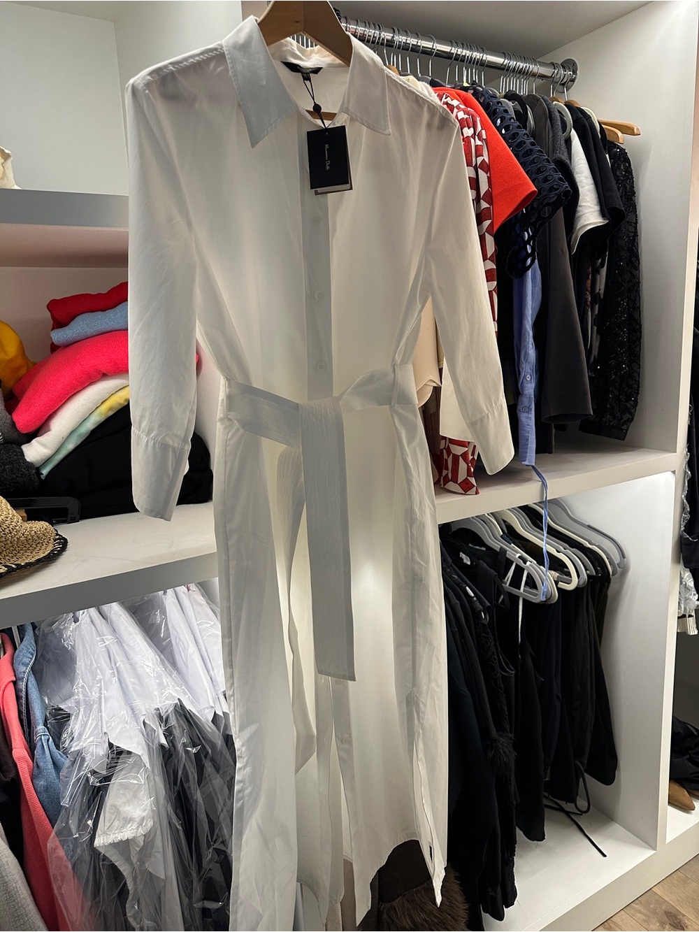 Massimo Dutti White Midi Shirt Dress with Tie Belt
